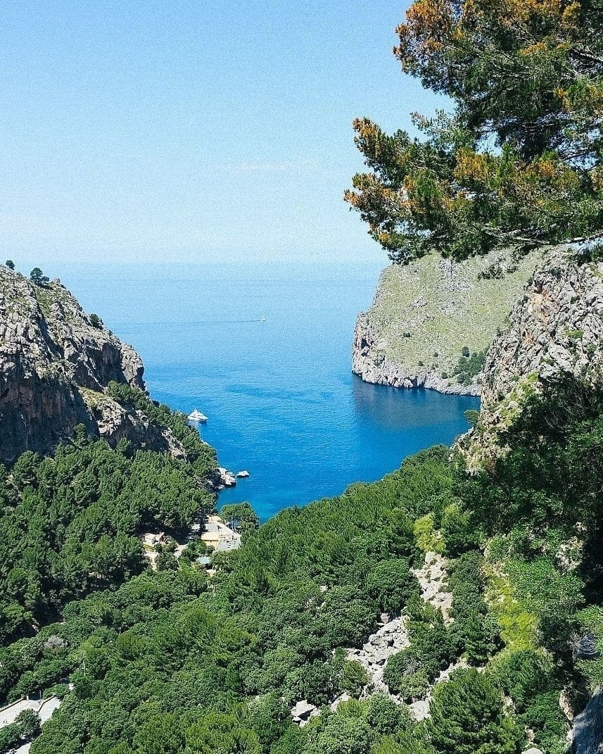 Auto-generated description: A stunning coastal view features clear blue waters framed by rugged cliffs and lush greenery.