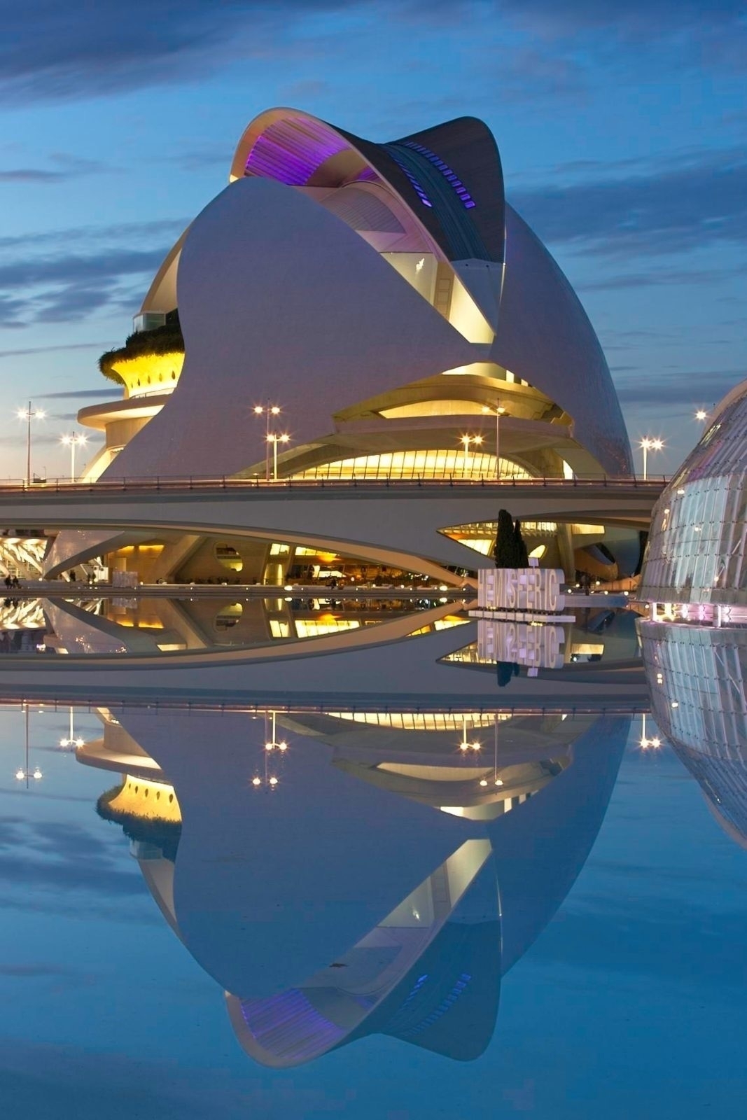 Auto-generated description: A futuristic building with curved architecture is illuminated at night and reflected in a mirror-like water surface.