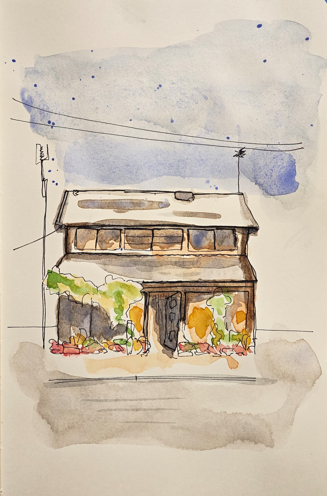 urban sketch in ink and watercolor