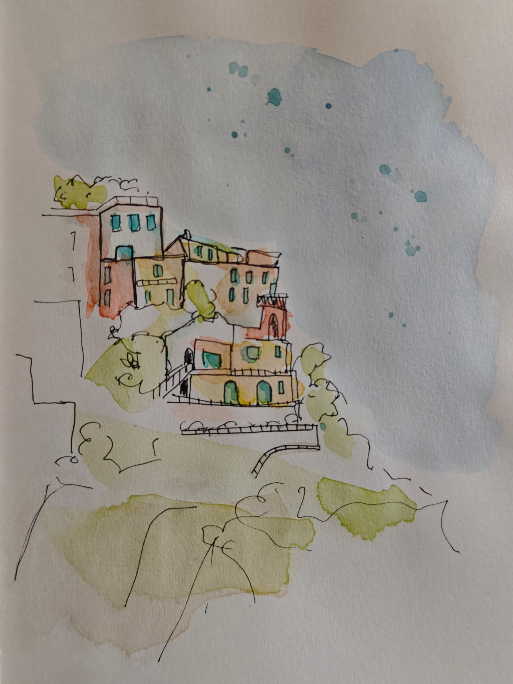 loose sketch of Italian coast in ink and watercolor